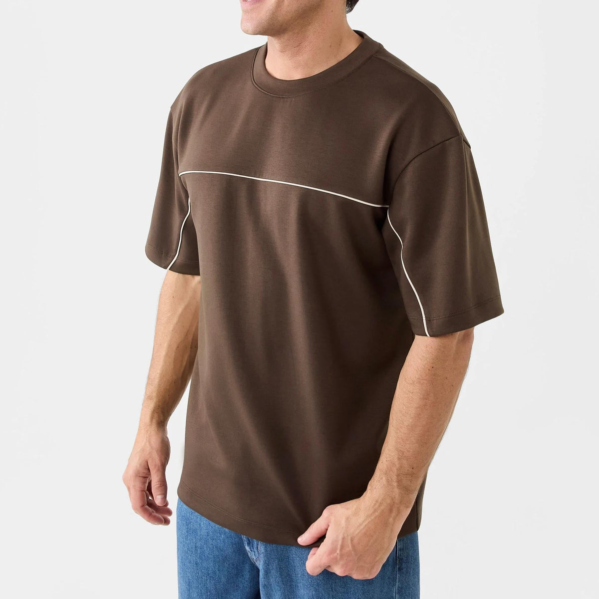 Brown Contrast Piping T-Shirt
