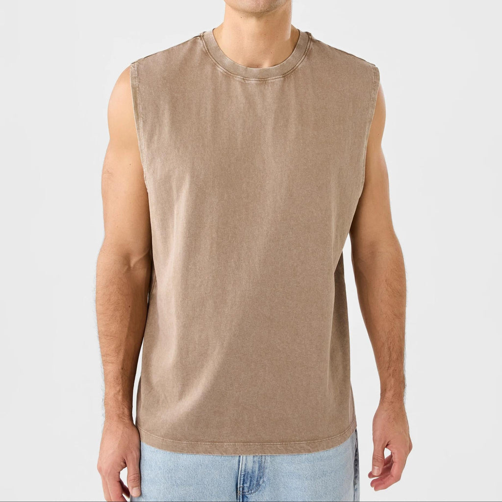 Washed Solid Crew Neck Sleeveless Tank Top