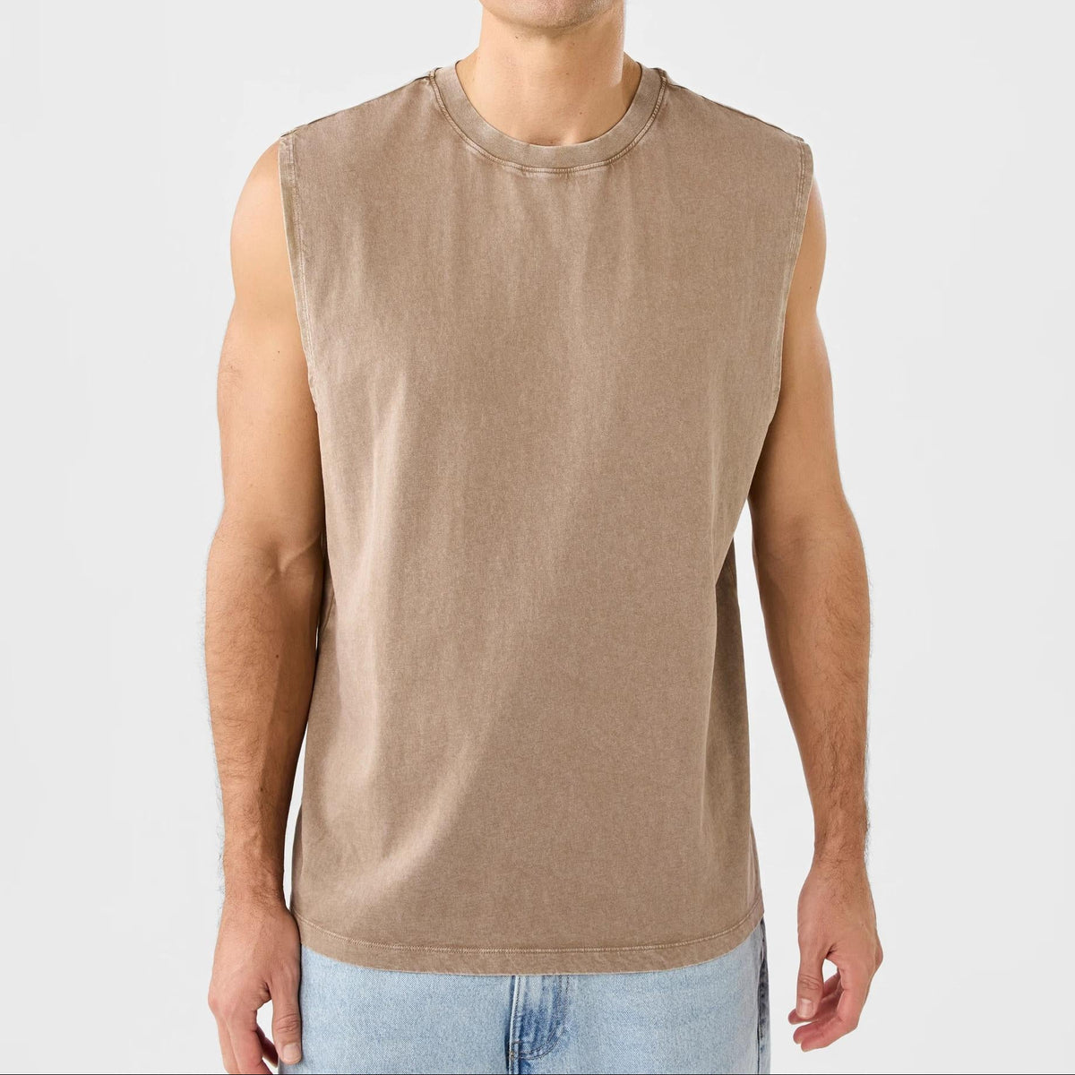 Washed Solid Crew Neck Sleeveless Tank Top