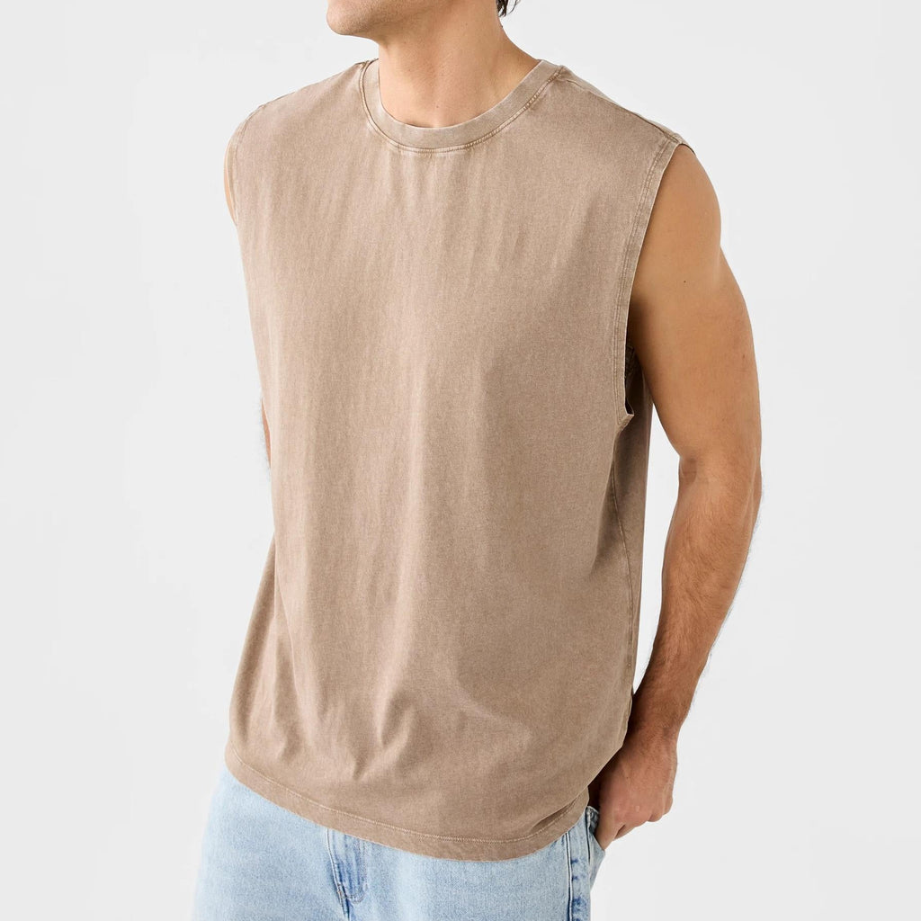 Washed Solid Crew Neck Sleeveless Tank Top